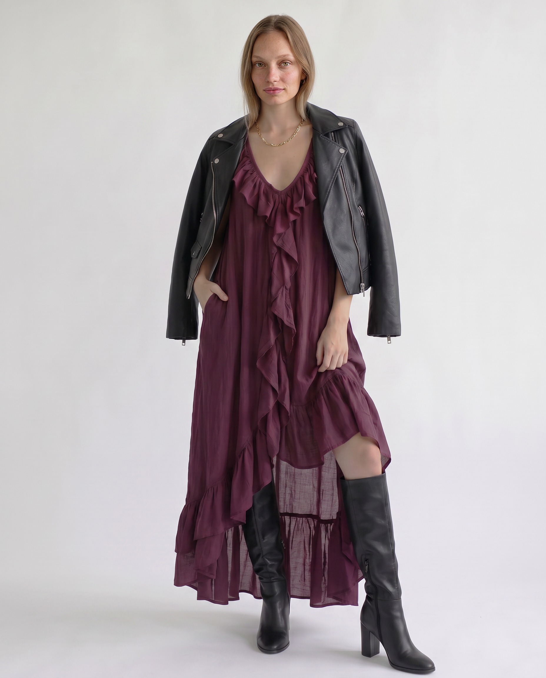 Sienna Ruffle-Trim Asymmetric Maxi Dress
