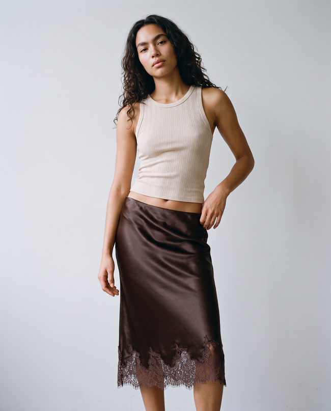 Blythe Satin Lace-Trim Skirt