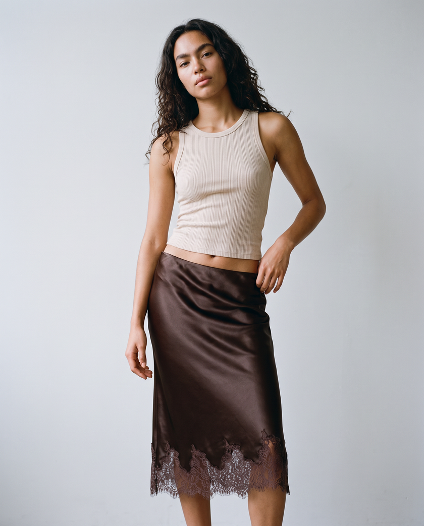 Blythe Satin Lace-Trim Skirt
