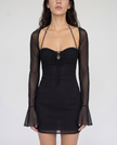 Ottoline Ruched Mesh Bell-Sleeve Mini Dress