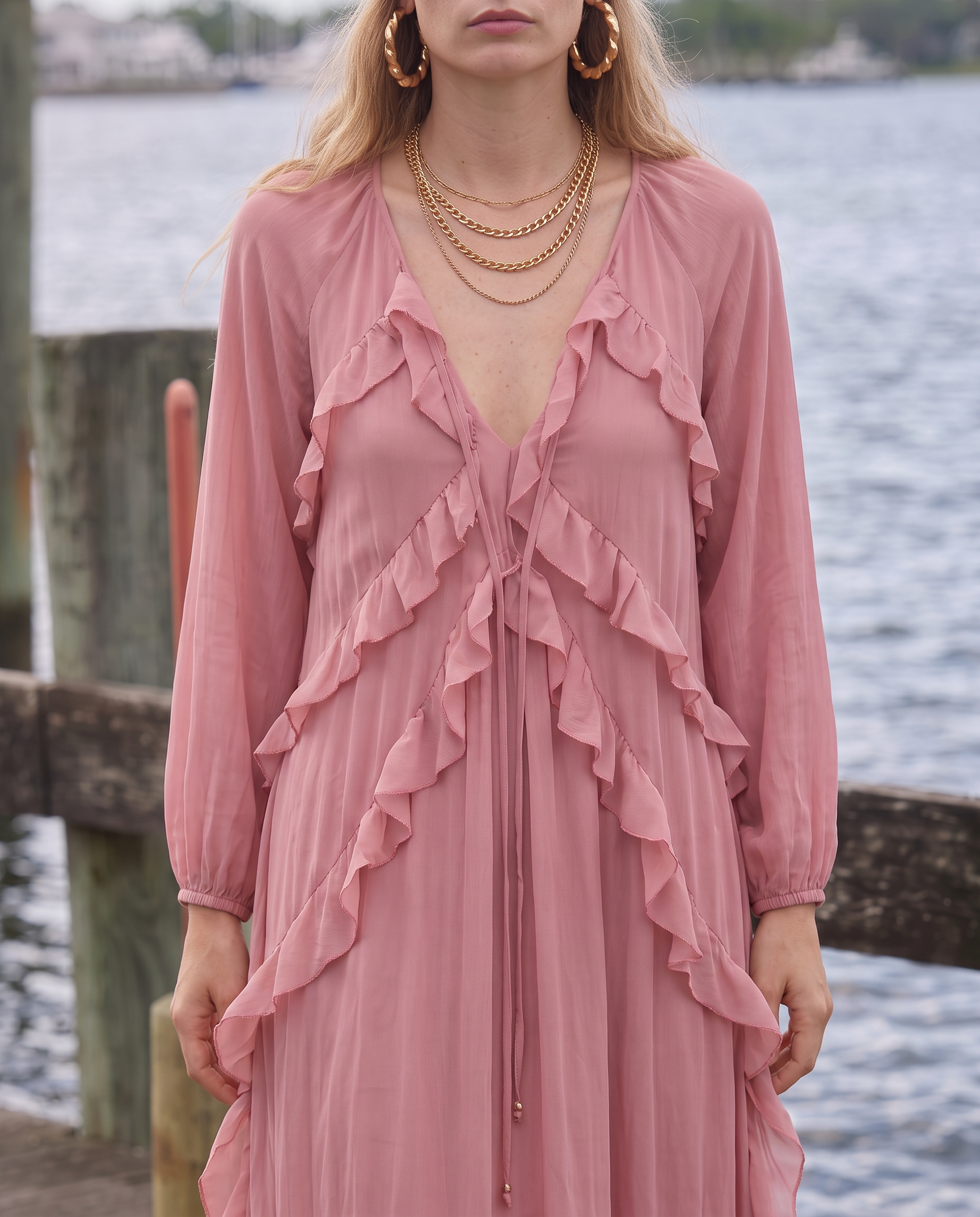 Loretta Ruffle-Trim Bishop Sleeve Maxi Dress