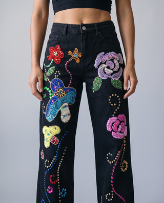 Whitney Wang Zara Embellished Wide-Leg Jeans