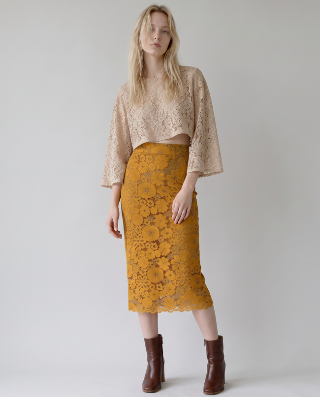Marigold Floral Lace Pencil Skirt
