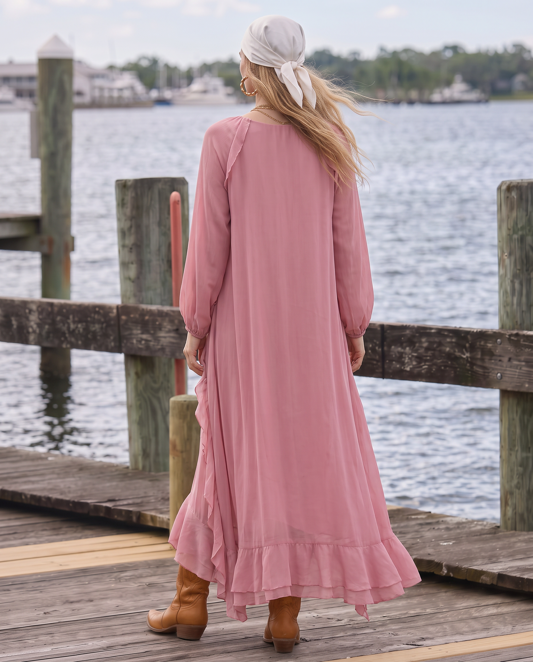 Loretta Ruffle-Trim Bishop Sleeve Maxi Dress