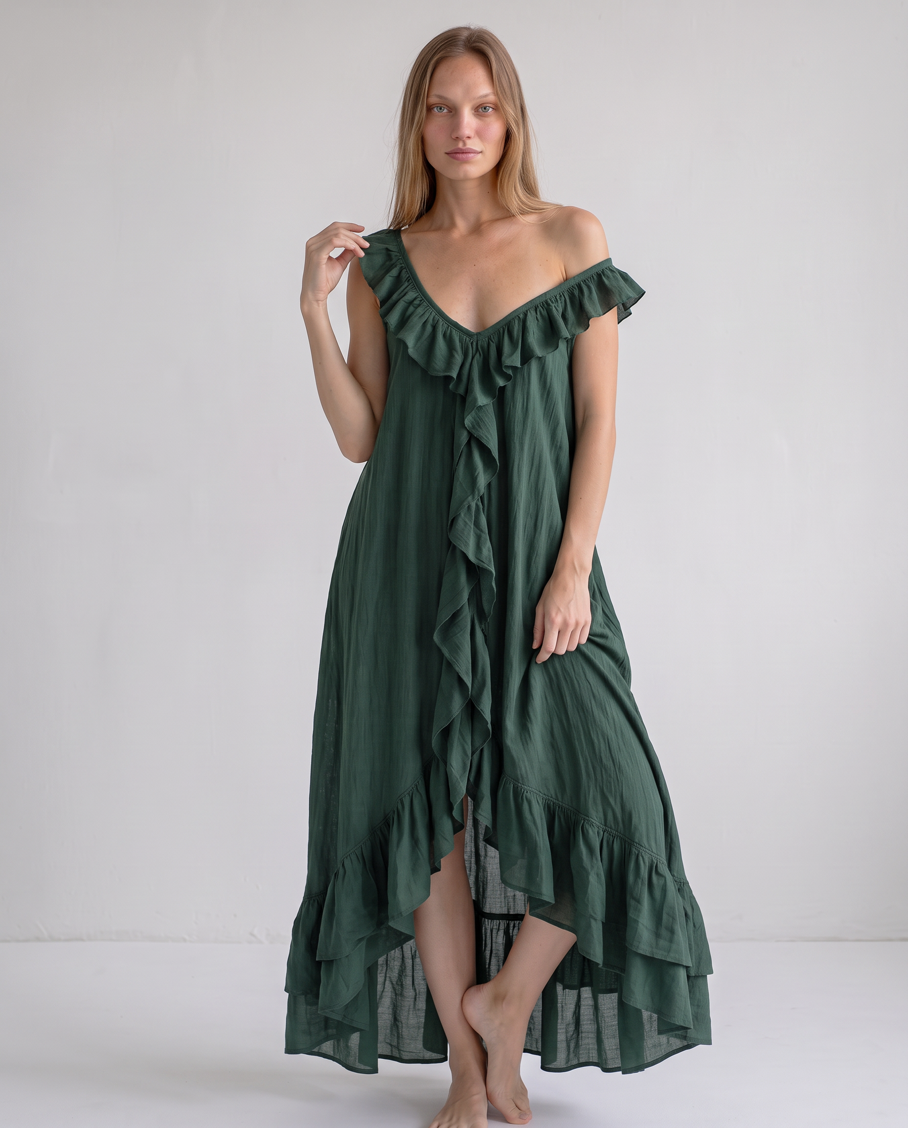 Sienna Ruffle-Trim Asymmetric Maxi Dress