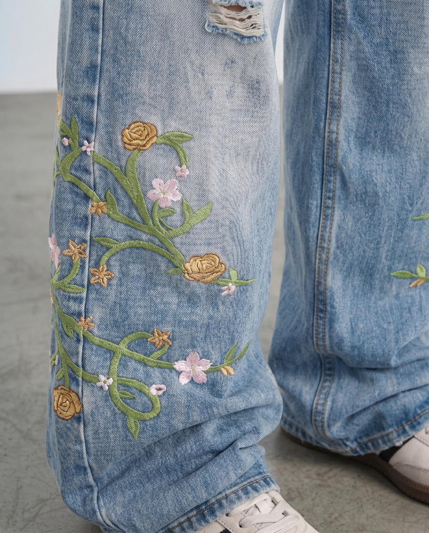 Briar Floral Embroidered Wide-Leg Jeans
