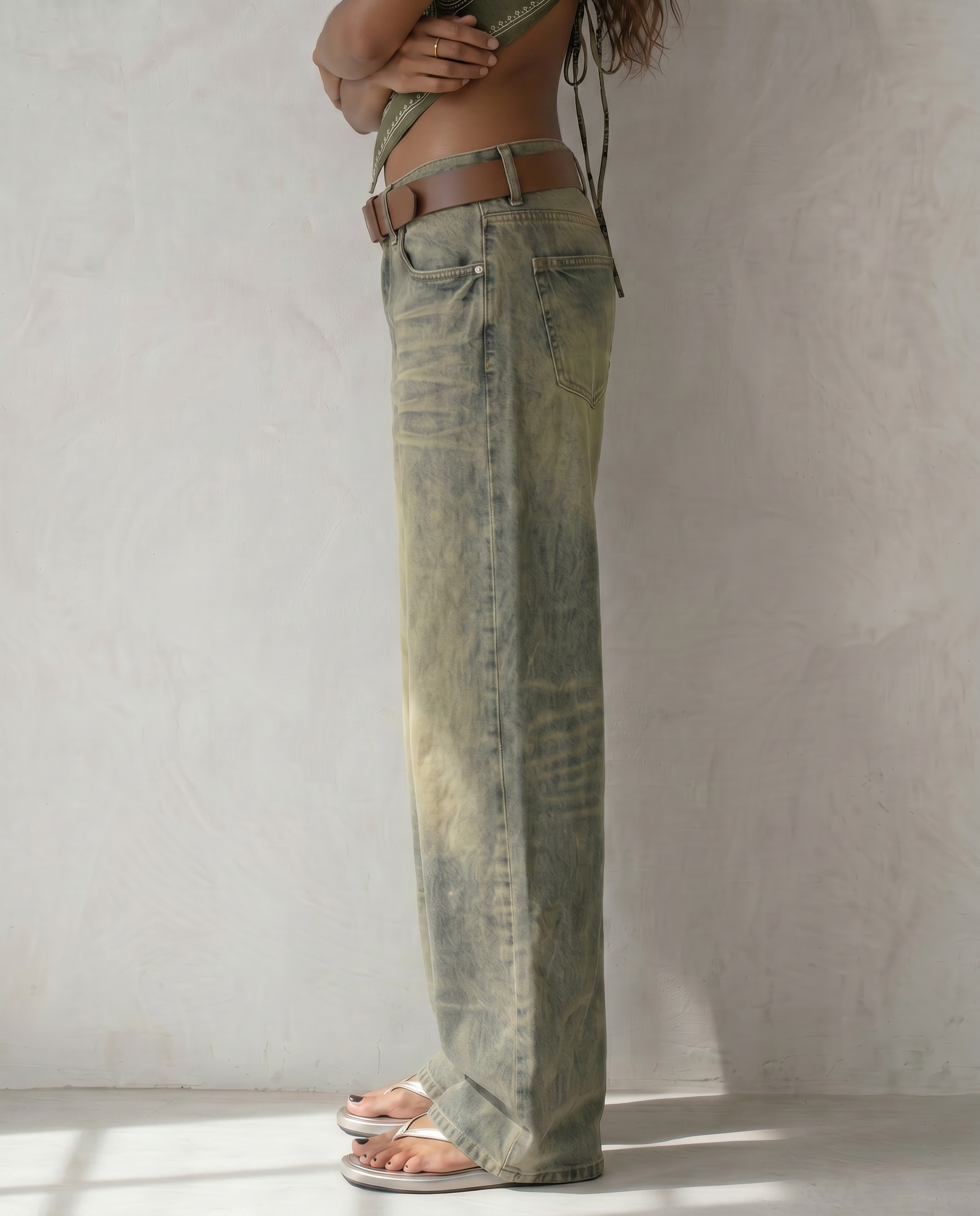 Sable Washed Olive Wide-Leg Jeans