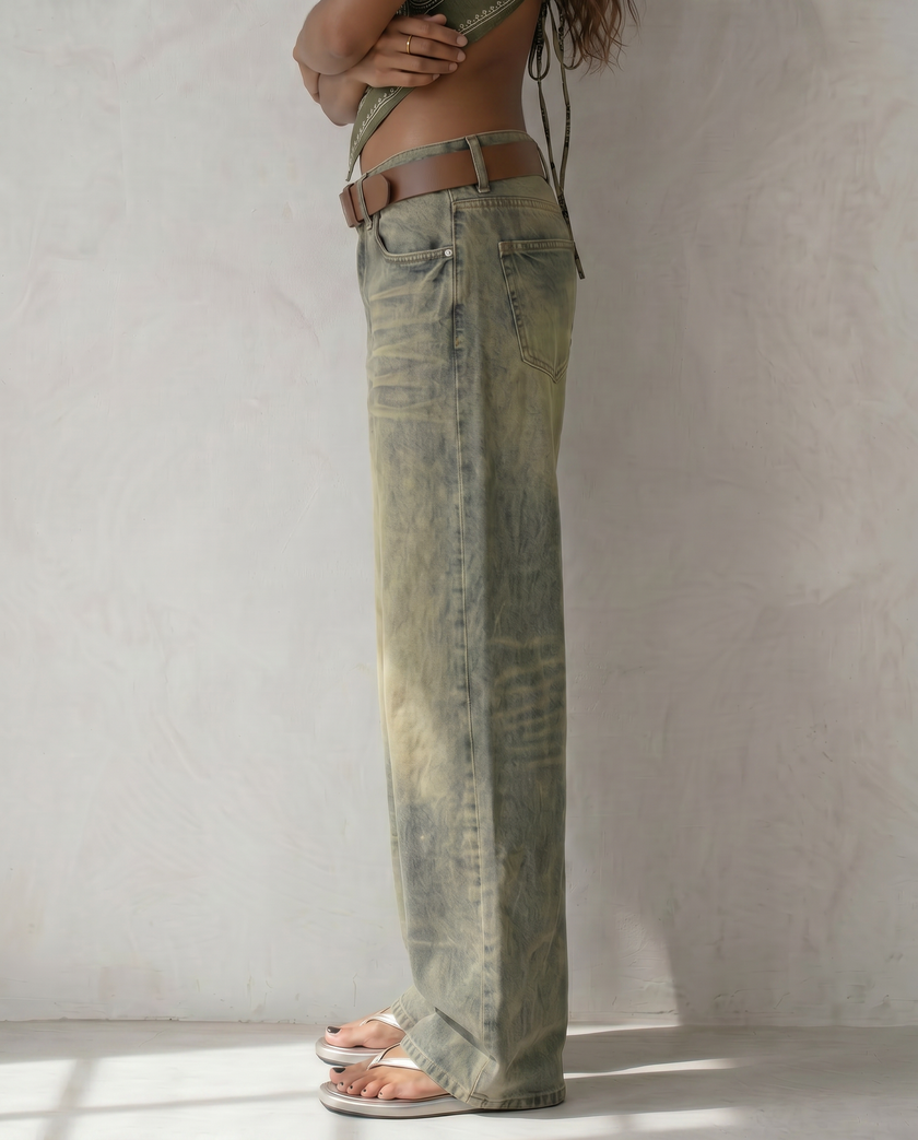 Sable Washed Olive Wide-Leg Jeans