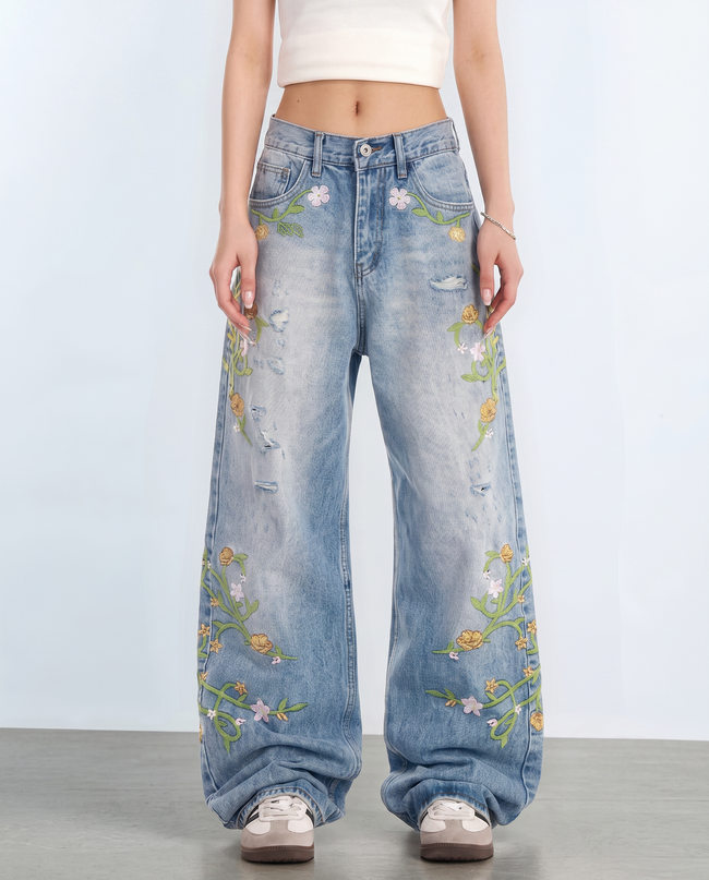 Briar Floral Embroidered Wide-Leg Jeans