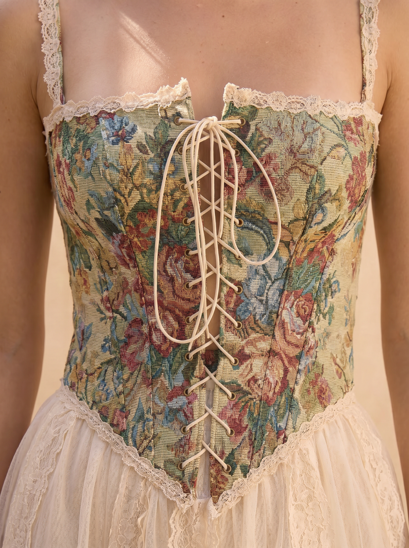Josalind Tapestry Floral Lace-Up Corset Top