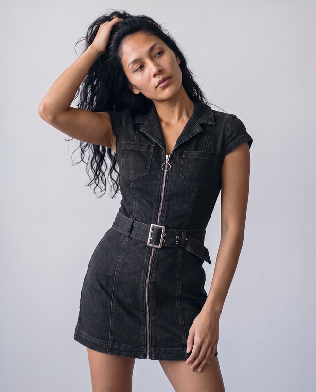 Ruby Denim Zip-Front Collared Mini Dress
