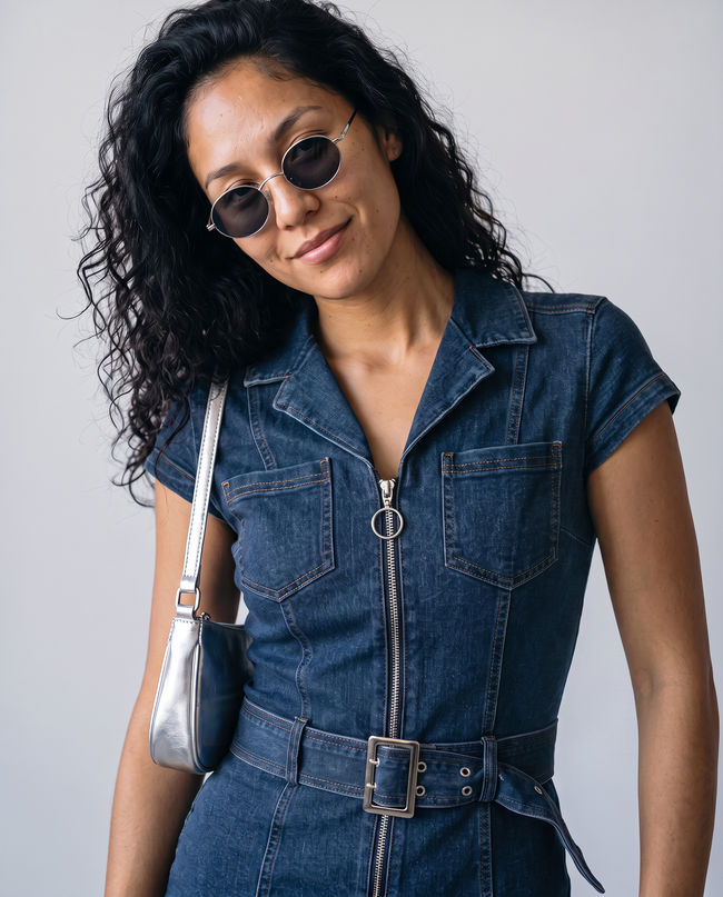 Ruby Denim Zip-Front Collared Mini Dress