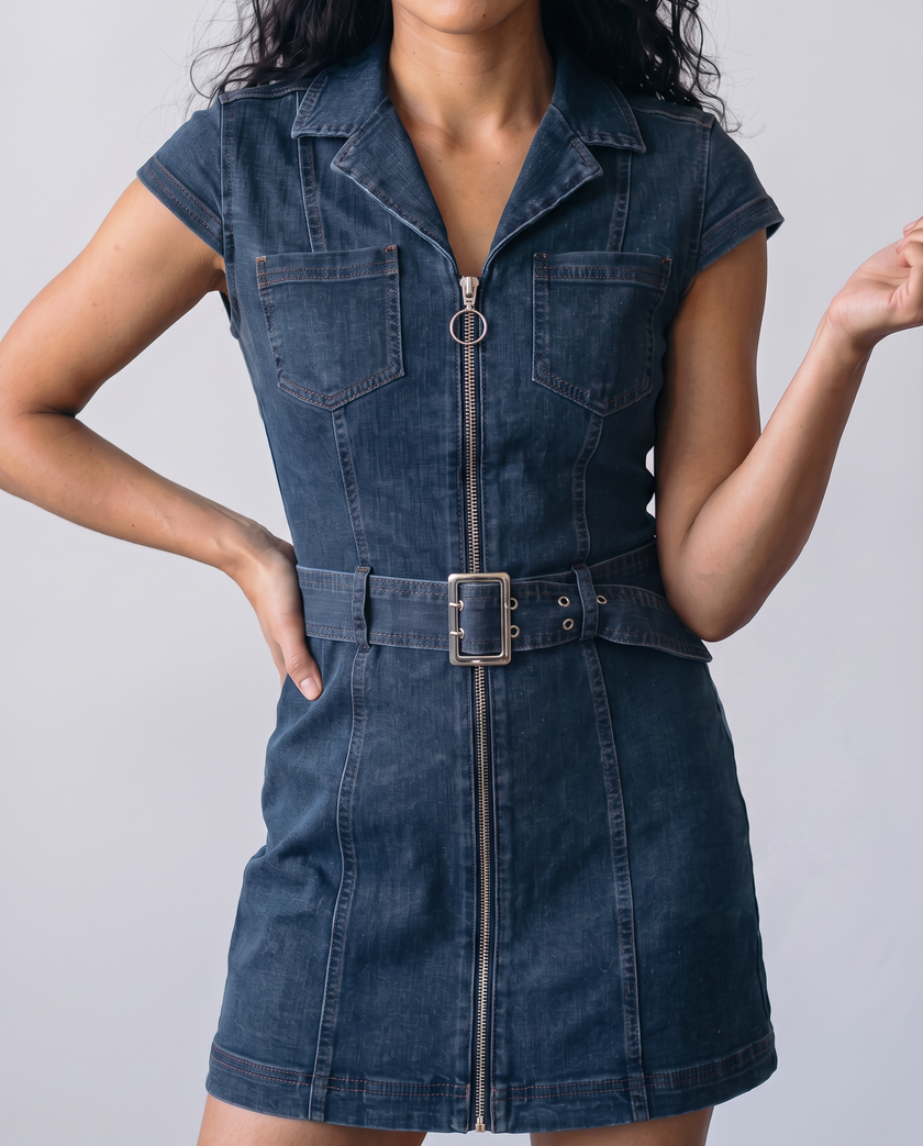 Ruby Denim Zip-Front Collared Mini Dress