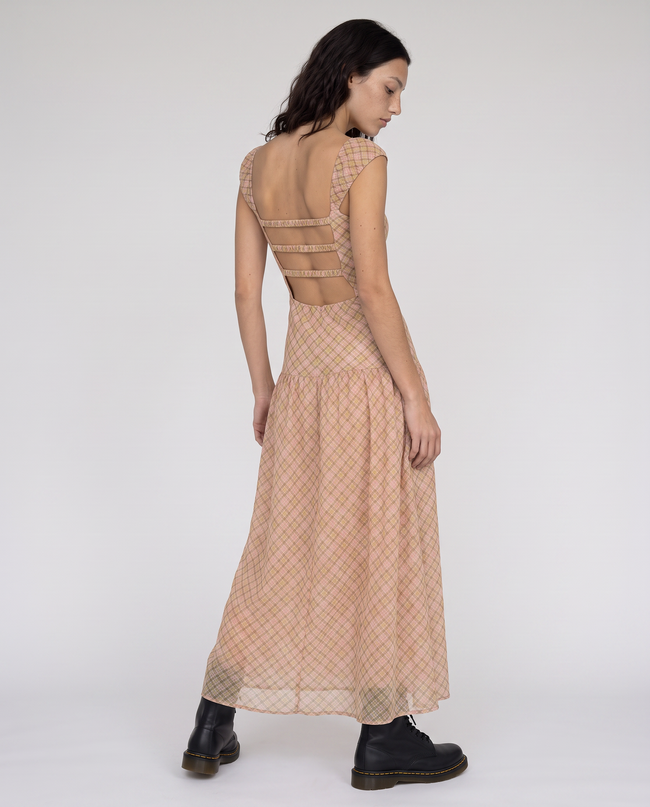Tessa Plaid Cap-Sleeve Tiered Maxi Dress