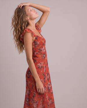 Odessa Ruffle-Sleeve Floral Midi Dress