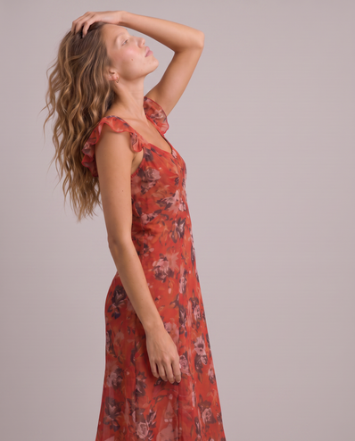 Odessa Ruffle-Sleeve Floral Midi Dress