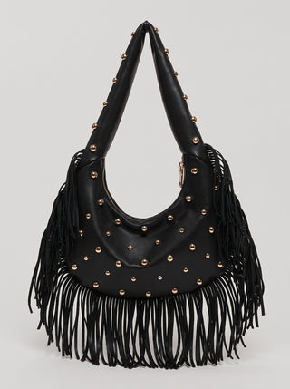 Cecily Studded Fringe Crescent Hobo Bag