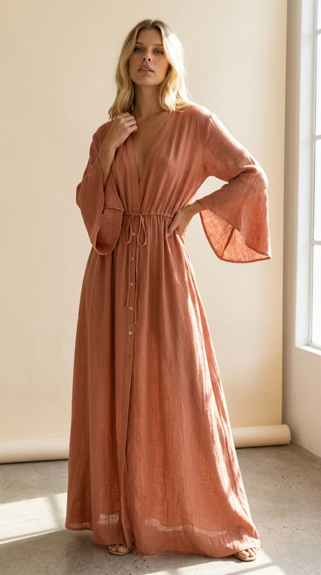 Bell Sleeve Drawstring Maxi Dress