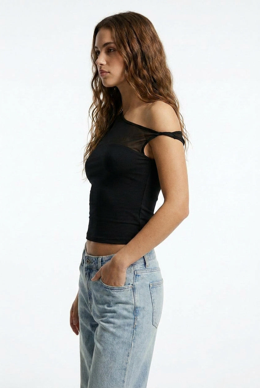 Mesh One Shoulder Crop Top