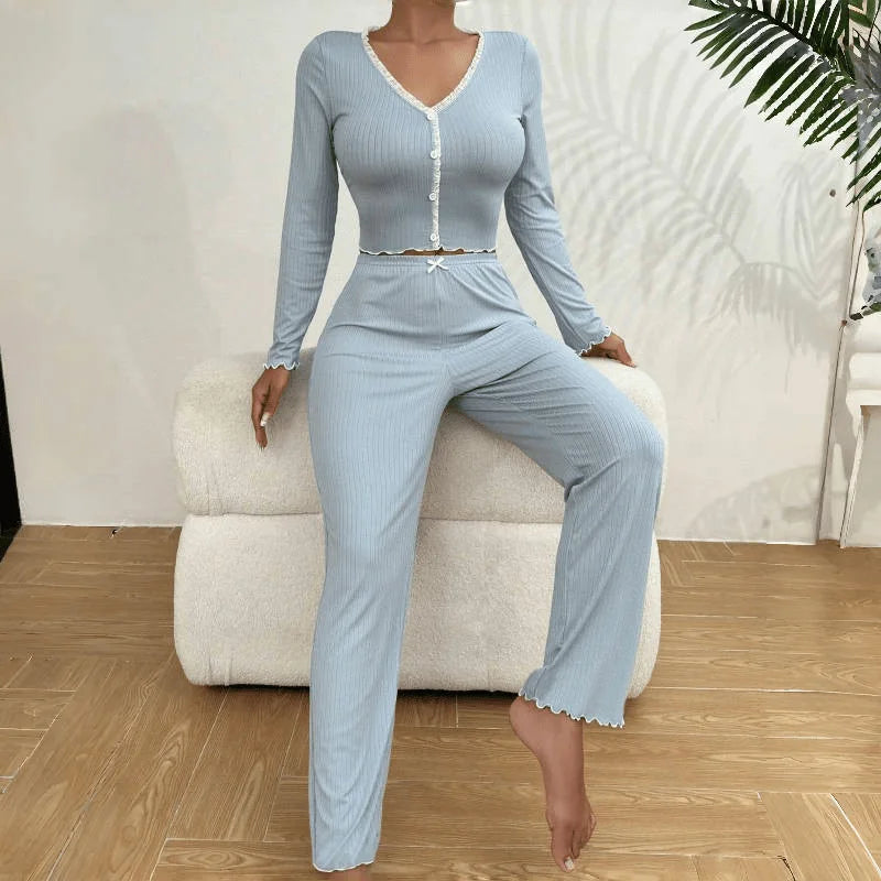 Button Up Buttercup Ribbed Cardigan & Pants Lounge Set