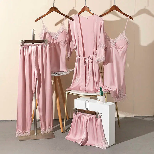 Morning Ritual Lace Trim Satin 4-Piece Pajama Set