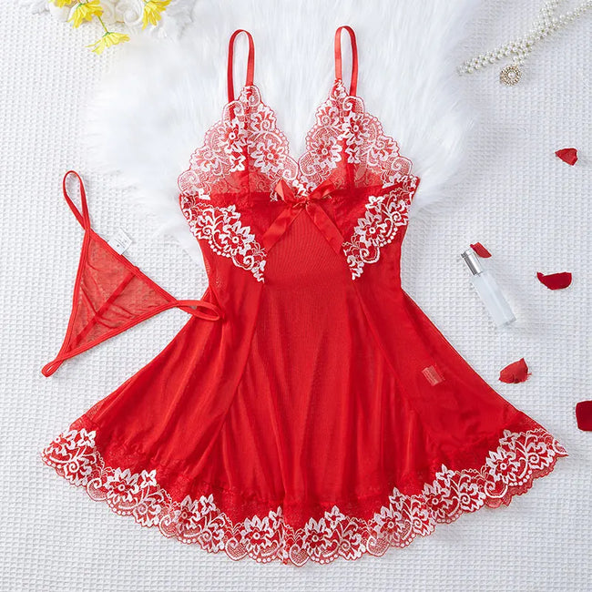 Fancy In Bloom Contrast Lace Babydoll & Thong Set