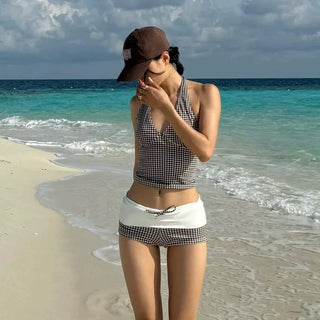 Checked Out Gingham Halter & Boy Short Bikini Set