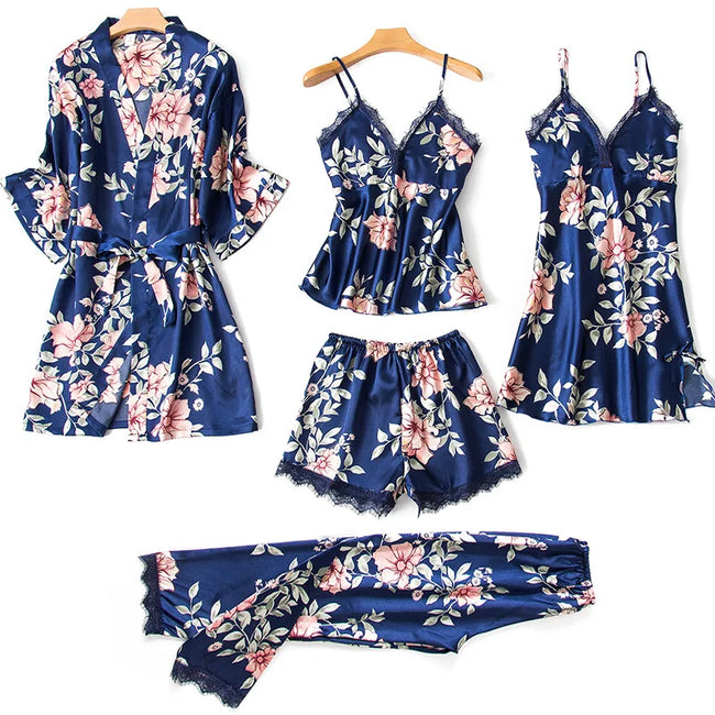 Morning Ritual Lace Trim Satin 4-Piece Pajama Set