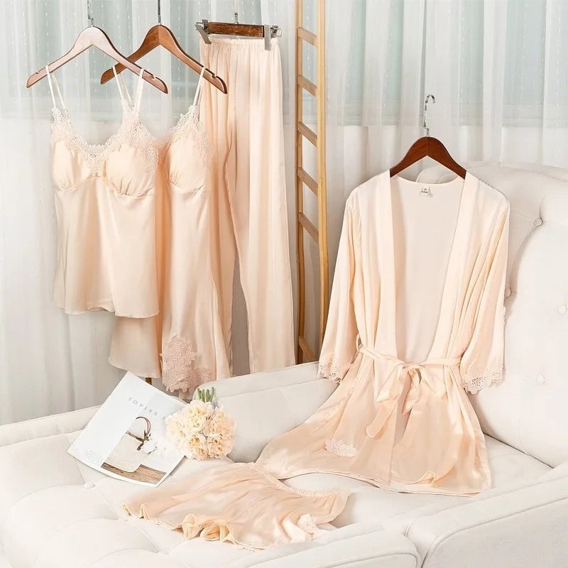 Morning Ritual Lace Trim Satin 4-Piece Pajama Set