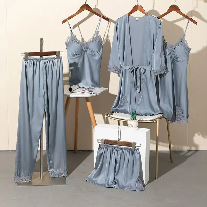 Morning Ritual Lace Trim Satin 4-Piece Pajama Set