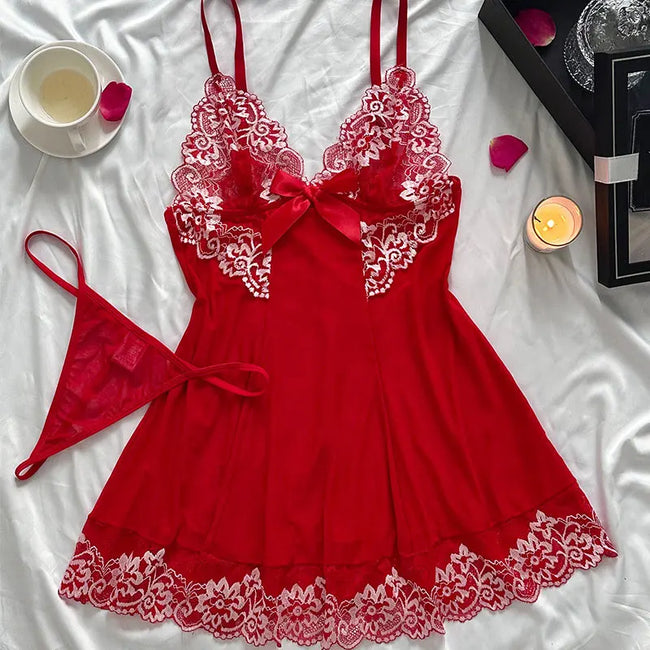 Fancy In Bloom Contrast Lace Babydoll & Thong Set