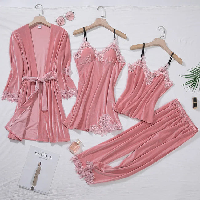 Velvet Season Lace Trim 4-Piece Pajama Set