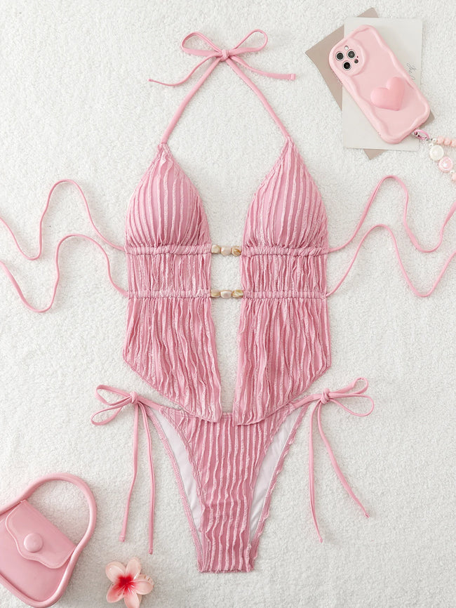 Shell Yeah Textured Halter Cut-Out One Piece Swimsuit