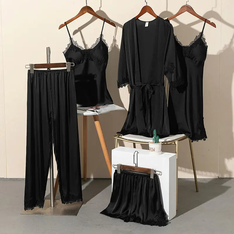 Morning Ritual Lace Trim Satin 4-Piece Pajama Set