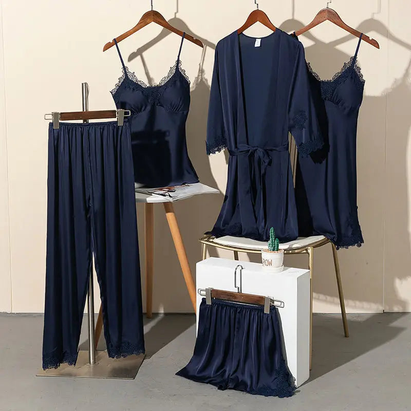 Morning Ritual Lace Trim Satin 4-Piece Pajama Set