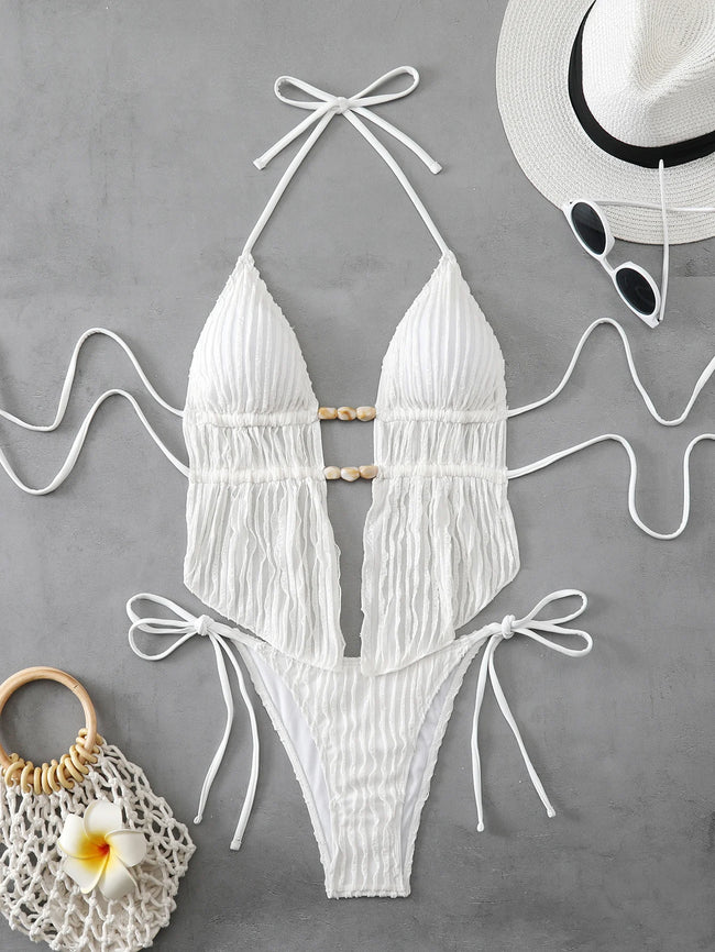 Shell Yeah Textured Halter Cut-Out One Piece Swimsuit