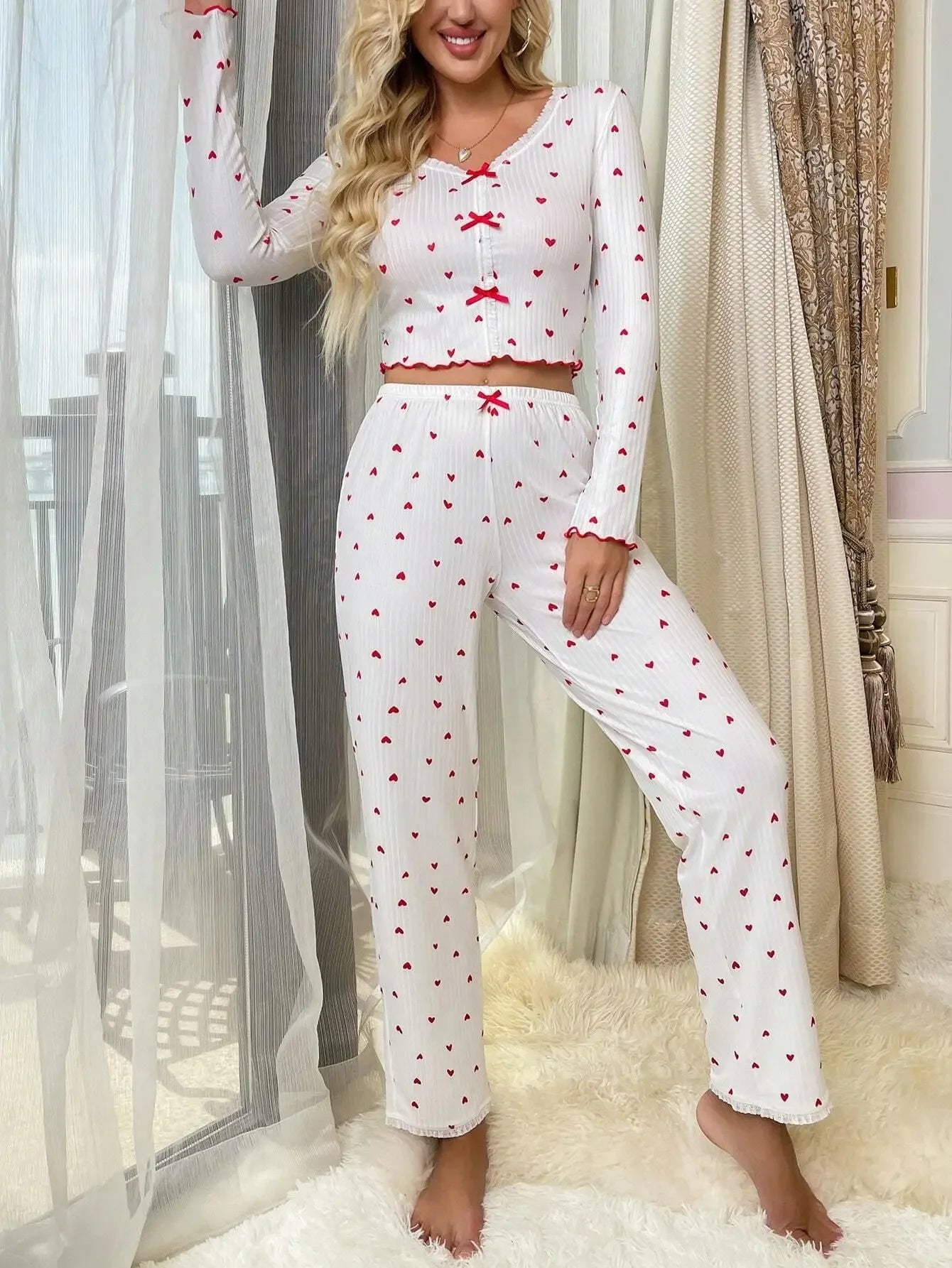 Head Over Heels Ribbed Heart Print Cardigan & Pants Set