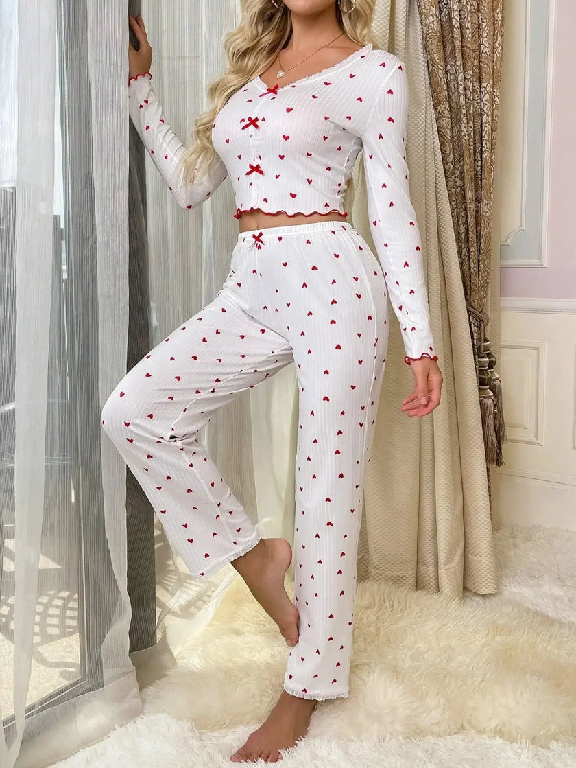 Head Over Heels Ribbed Heart Print Cardigan & Pants Set