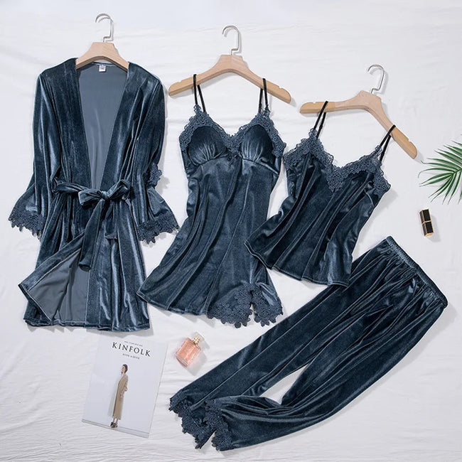 Velvet Season Lace Trim 4-Piece Pajama Set
