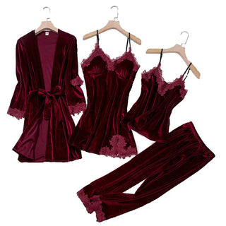 Velvet Season Lace Trim 4-Piece Pajama Set