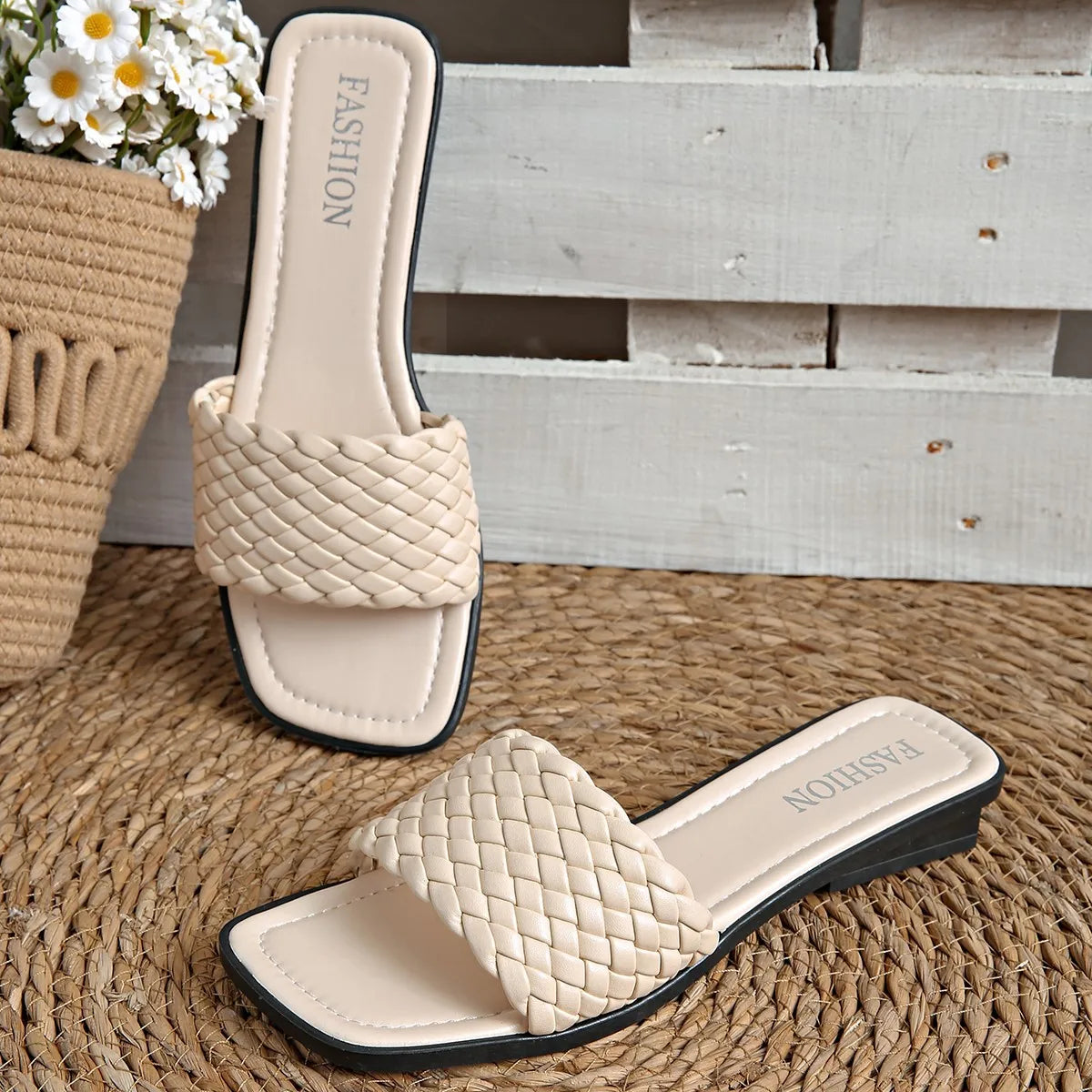 Woven Into Your Heart Square Toe Flat Slides