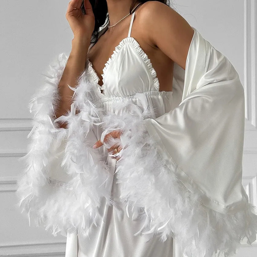 Cloud Nine Feather Trim Robe & Satin Babydoll Set