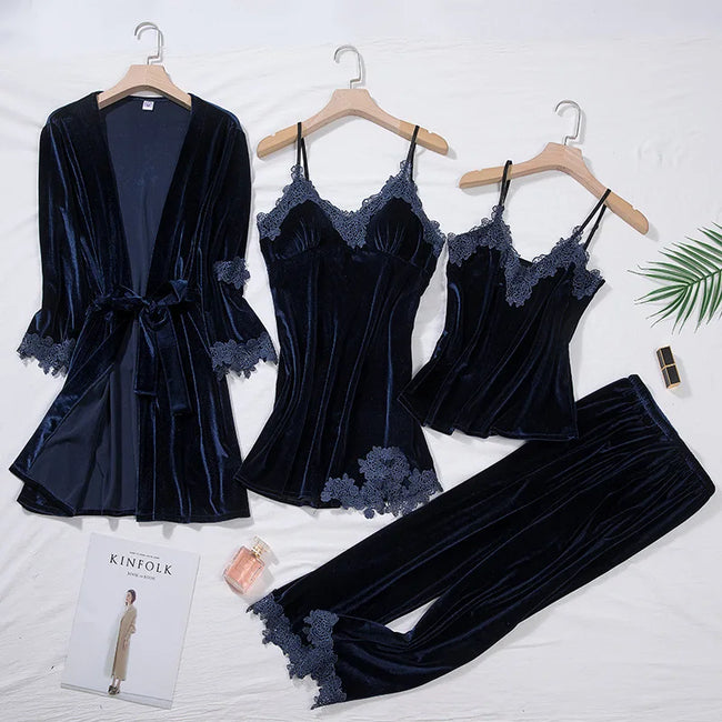 Velvet Season Lace Trim 4-Piece Pajama Set