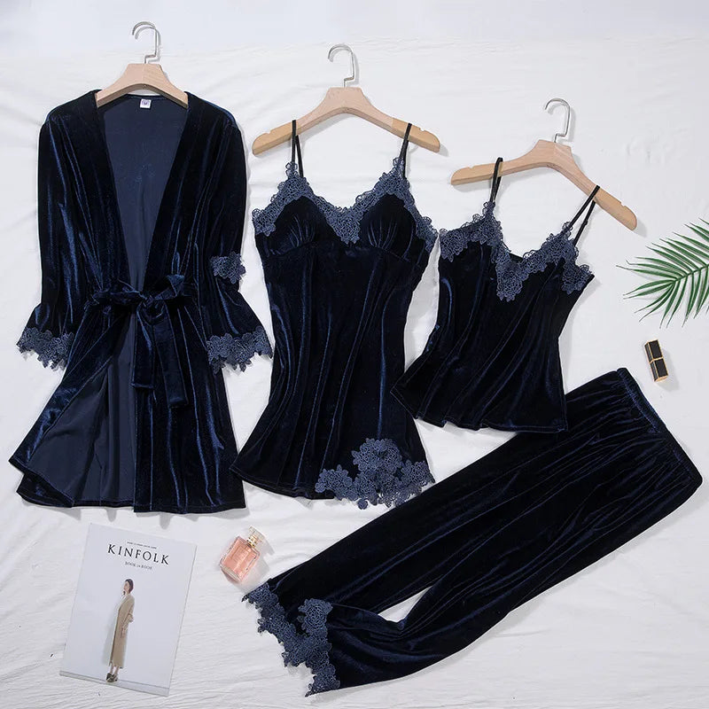 Velvet Season Lace Trim 4-Piece Pajama Set