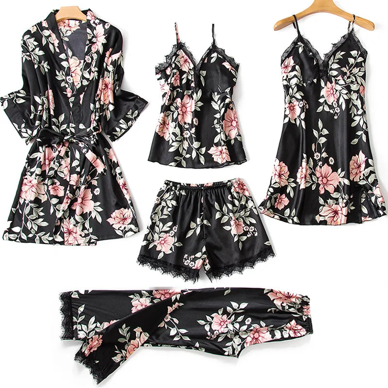 Morning Ritual Lace Trim Satin 4-Piece Pajama Set