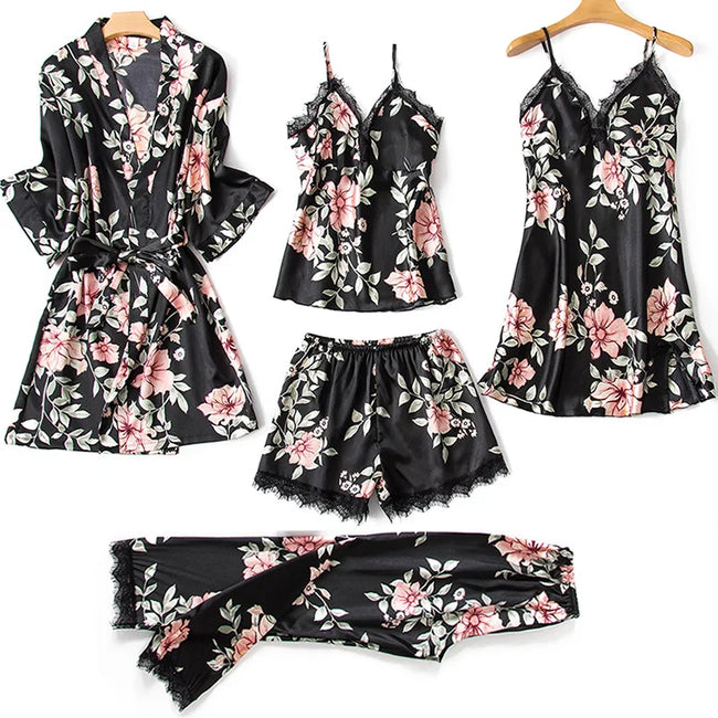 Morning Ritual Lace Trim Satin 4-Piece Pajama Set