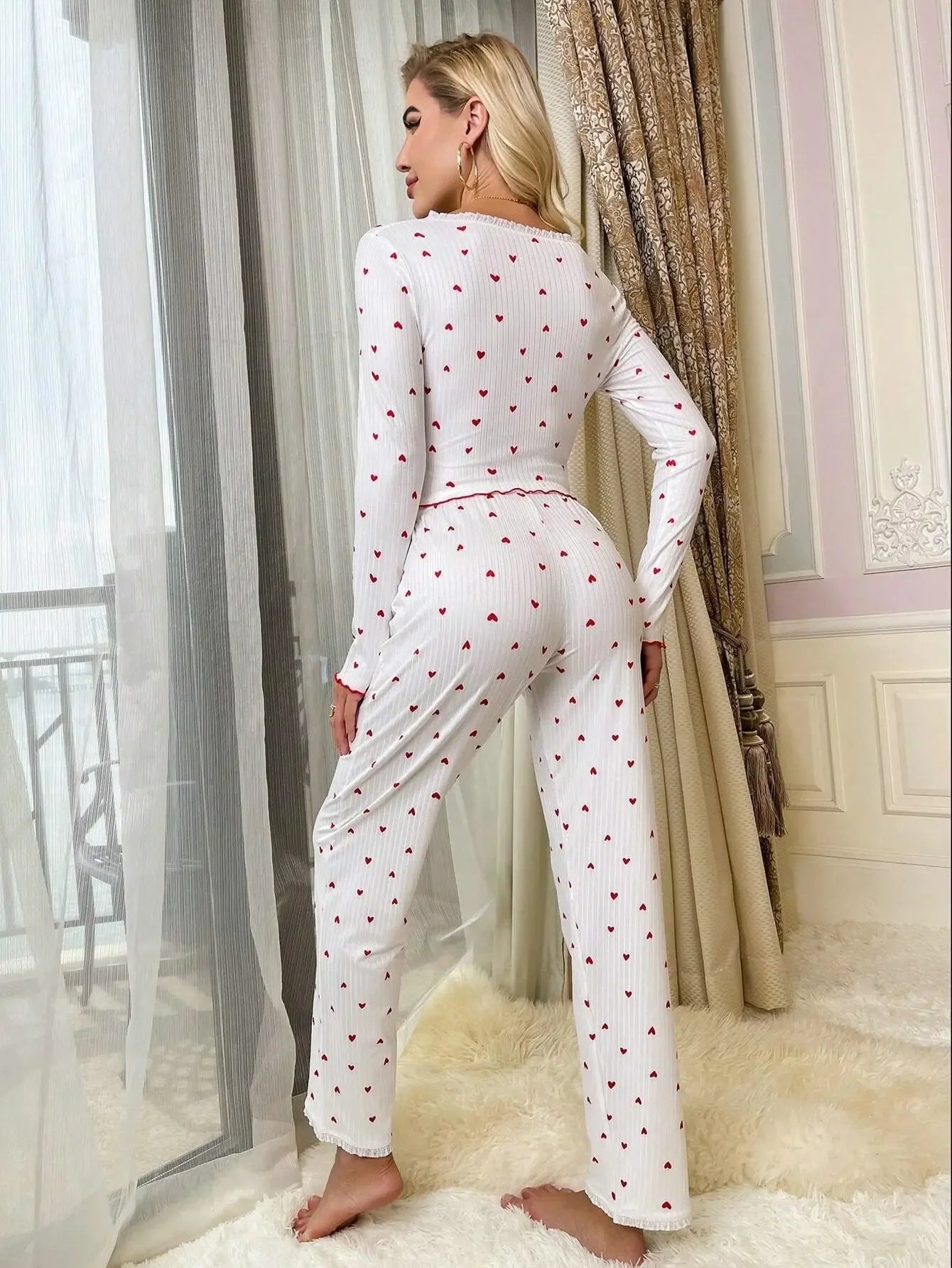 Head Over Heels Ribbed Heart Print Cardigan & Pants Set