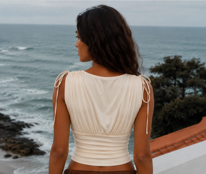 Ruched Deep V Tie Shoulder Crop Top