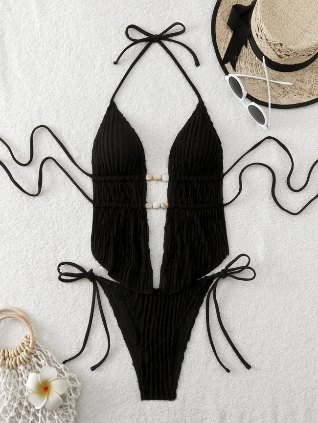 Shell Yeah Textured Halter Cut-Out One Piece Swimsuit