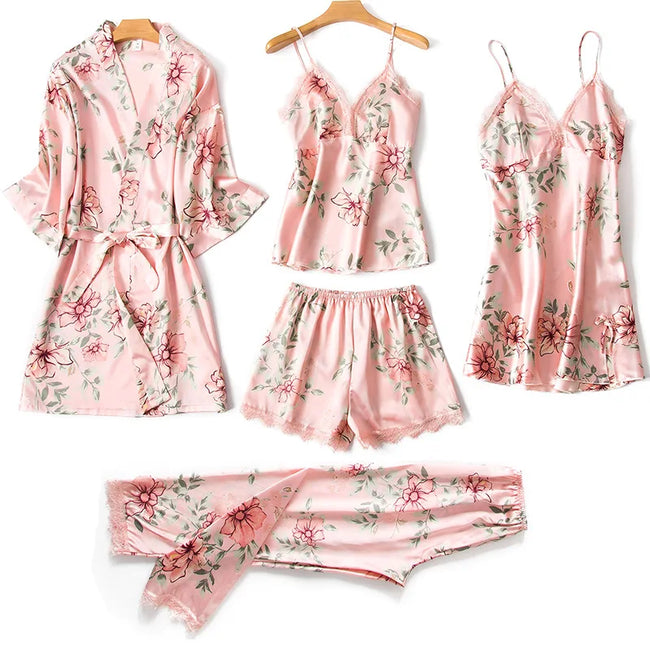 Morning Ritual Lace Trim Satin 4-Piece Pajama Set